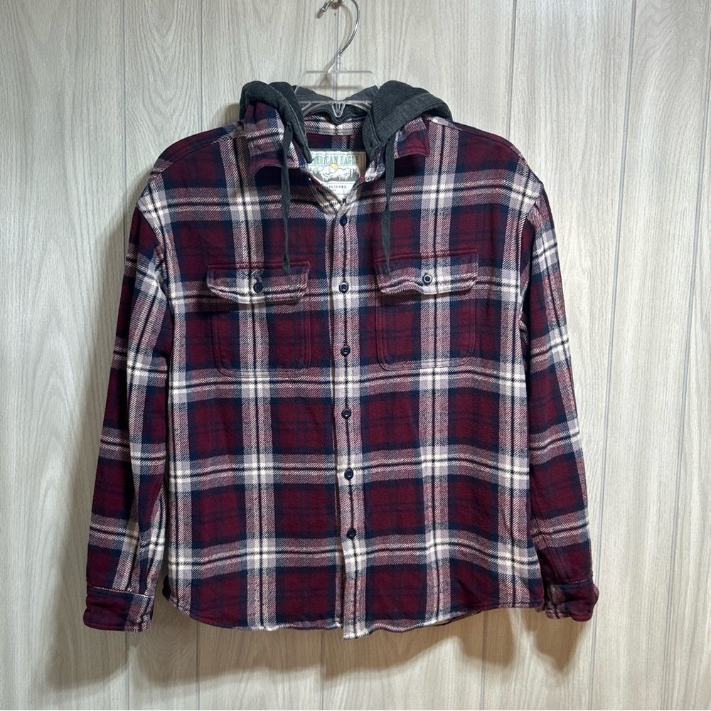 American Eagle Flannel Plaid Button Up Hoodie Size Large